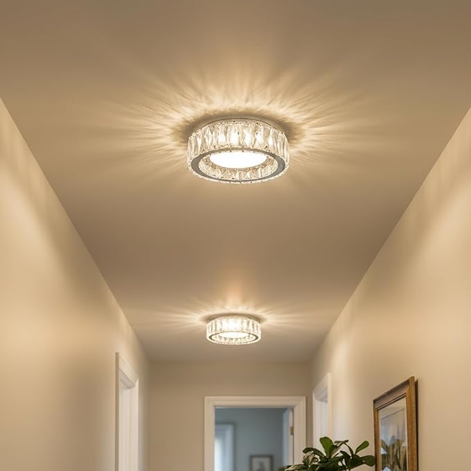 Dimmable Modern Luxury Crystal LED Flush Mount Ceiling Light,11 Inch 24W/5CCT 3000K-6000K Chrome Small Close to Ceiling Lighting Fixtures for Kitchen,Entryway,Laundry Room,Porch,Hallway