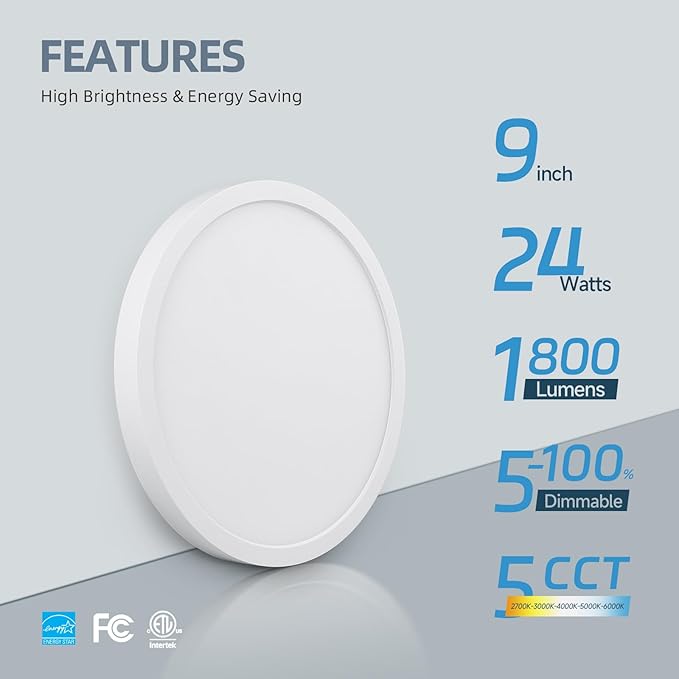 ECOELER 9“ Flush Mount Ceiling Light with 5CCT Selectable (2700K,3000K,4000K,5000K,6000K), 24W 1800Lm Dimmable Flat Ceiling Light Surface Mount for Kitchen, Hallway, Bedroom, 4Pack