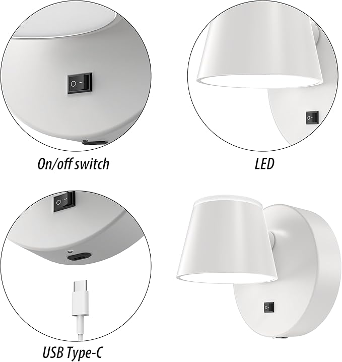 URSOLA Battery Operated Wall Sconce with Remote, LED Rechargeable Battery Wall Light with 9000mAh 3CCT and Dimmable Magnetic 360° Rotation Cordless Light for Bedroom（White）