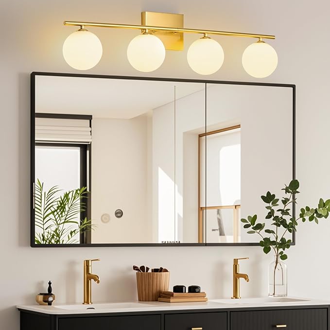 4-Light Bathroom Light Fixtures, 32" Modern Brushed Gold Vanity Lights with Milk Glass Shade, Bathroom Wall Lamp for Mirror Kitchen Living Room Hallway (G9 Bulb)