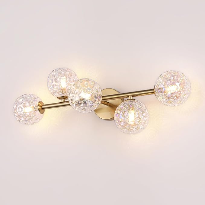Gold Brass Globe Vanity Light - Vintage 5-Lights Wall Sconce - Sphere Round Lights Fixture with Stained Hammered Glass Shade - Mid Century Modern Sconces for Bathroom Bedroom Living Room Entry Porch