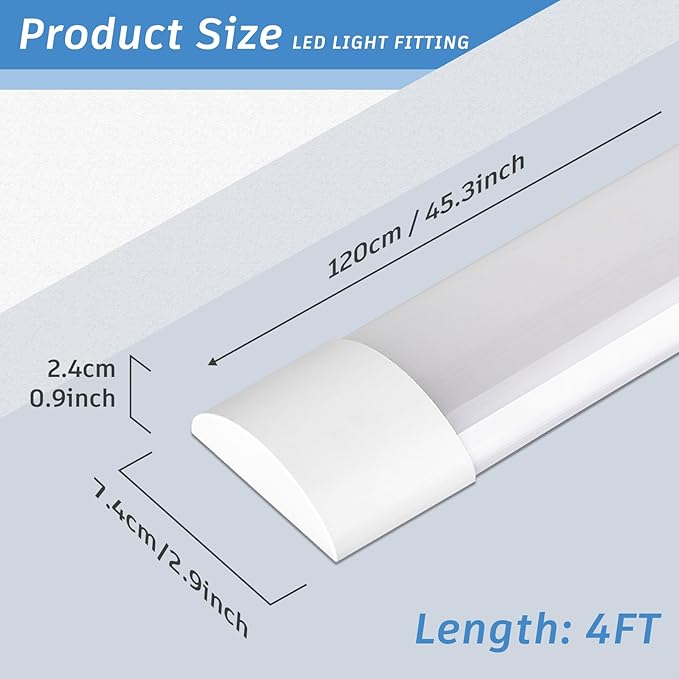 KILIPOL 4FT LED Batten Light, Ceiling Surface Mounted Slim LED Tube Lights, 40W 4000K Neutral White for Office, Shop, Garage, Home, 4 Packs