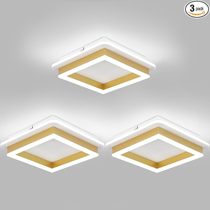 CANEOE 3 Packs Square Flush Mount Ceiling Light, 6000K Black Modern LED Ceiling Light Fixture, Minimalist Hallway Lighting Fixture Ceiling Lamp for Hallway Entryway Bedroom Balcony (Gold)