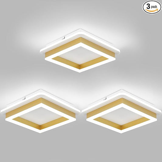 CANEOE 3 Packs Square Flush Mount Ceiling Light, 6000K Black Modern LED Ceiling Light Fixture, Minimalist Hallway Lighting Fixture Ceiling Lamp for Hallway Entryway Bedroom Balcony (Gold)