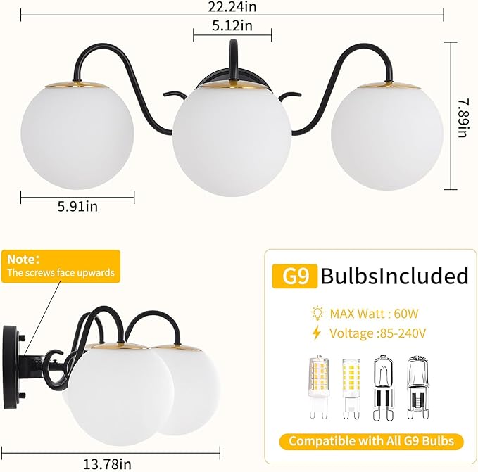 3 Lights Vintage Bathroom Vanity Light Fixtures Over Mirror, Matte Black Vanity Lights For Bathroom With Milk White Glass Globe Shade, Wall Lights For Bedroom, Hallway, Dressing Table(Includ G9 Bulbs)