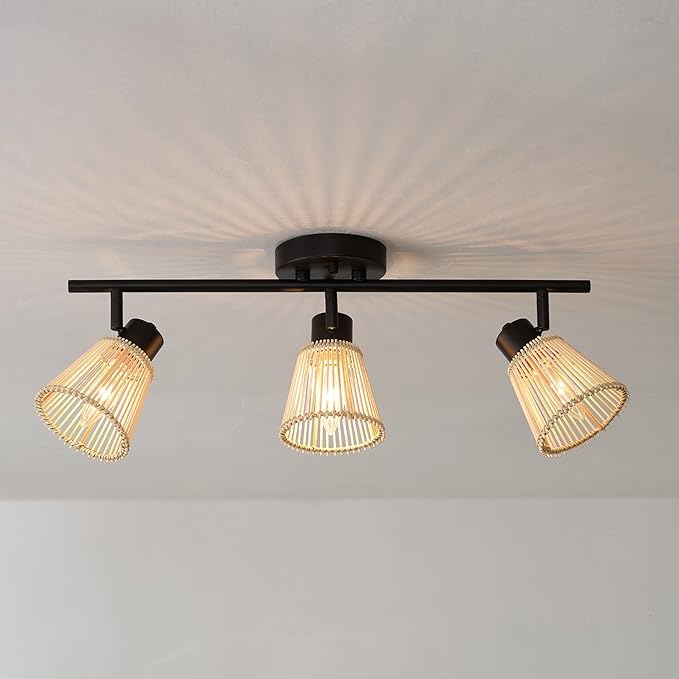 Globe Electric 3-Light Track Lighting Kit, Matte Black, Bamboo Shades, 3 Bulb Kitchen Light, E12 Socket