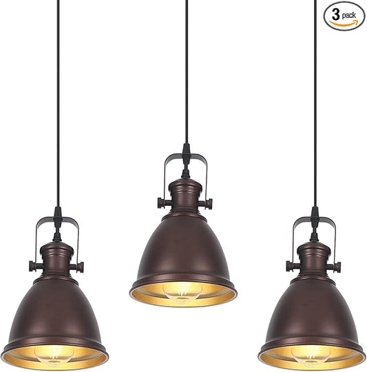 Brown Pendant Lights Kitchen Island 3 Pack, Vintage Pendant Light, 6.5’’ Farmhouse Light Fixtures, Adjustable Height, Pendant Lighting for Dining Room, Living Room, Sink, Bar