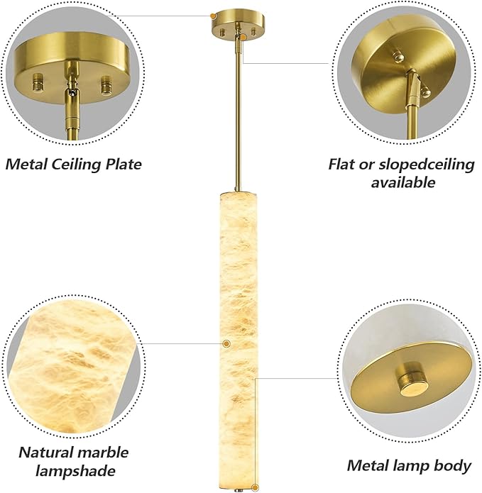 LMQNINE Natural Alabaster Pendant Lights White Marble 24" Long Tube Adjustable Boom Chandelier Modern 3000K Gold Ceiling Light for Kitchen Island Bedroom Dining Room Living Room Hallway(M-1Pack)
