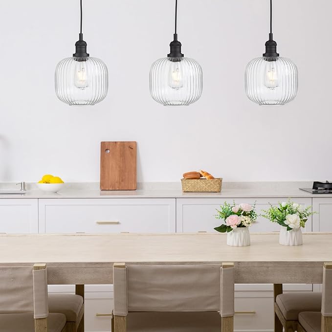 Pathson Modern Pendant Light Fixture Striped Globe Glass, Adjustable Textile Cord Hanging Lighting, Hardwired Pendant Lamp Decor for Dining Room Hotels Living Room Bedroom Kitchen