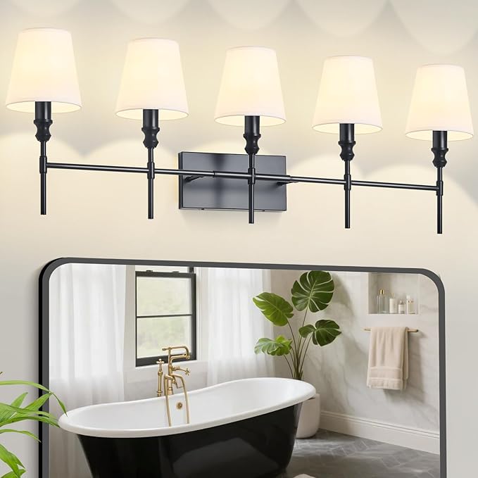 5-Light Vanity Lights for Bathroom,41 in Vintage Black Bathroom Vanity Light Fixtures,with Flared White Fabric Lampshade for Bedroom,Living Room,Foyer,Hardwired,E12 Base