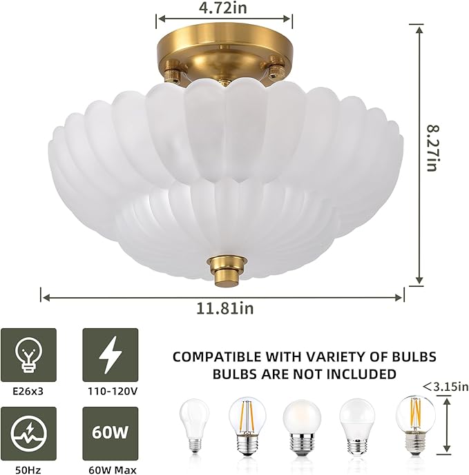 Semi Flush Mount Ceiling Light, 11.8 Inch Gold Vintage Hallway Light Fixture with Frosted Glass, Close to Ceiling Light for Bedroom Kitchen Living Room Bathroom Foyer, E26 Base