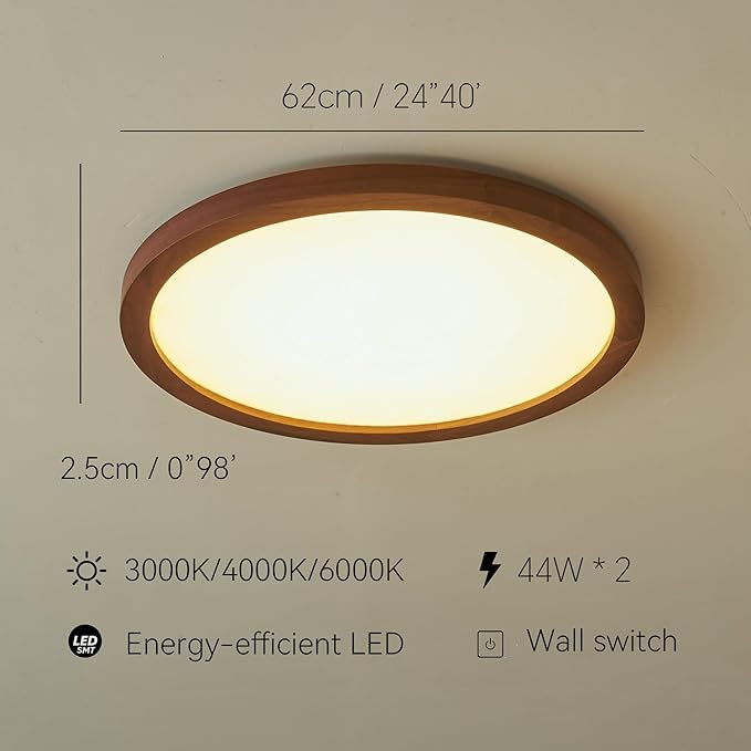 Ultra-Thin LED Ceiling Light Fixture 24.4", Handcrafted Walnut Wood Modern Wabi-Sabi Style, Slim 2.5cm Profile, 37W LED 3000K-4000K-6000K, Round Minimalist Lamp for Bedroom Kitchen Hallway