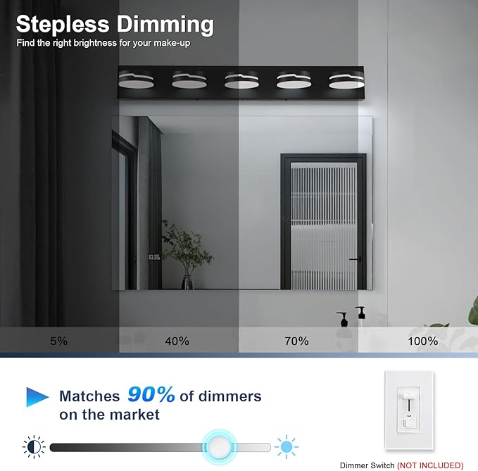 Vanity Lights for Bathroom, 32.28in Matte Black Bathroom Light Fixtures Over Mirror, 5-Light Modern LED Wall Sconce Makeup Lighting, 350° Rotatable, Dimmable 5500K Cool White, Hardwired