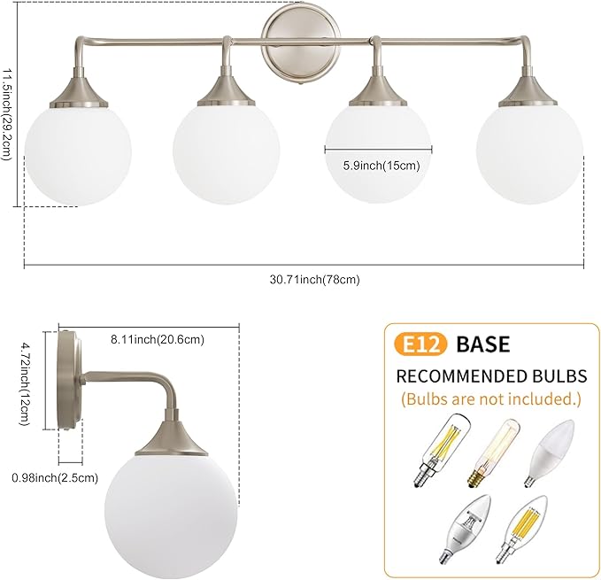 Brushed Nickel Vanity Lights Fixtures, 4-Light Bathroom Vanity Lighting Over Mirror, Modern Bathroom Wall Sconces with Milky White Glass Ball Shades