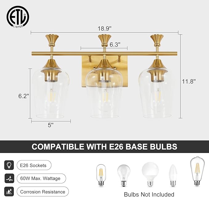 Bathroom Light Fixtures (3-Light, 19 Inch), Brushed Gold Vanity Lights for Bathroom with Clear Wine Glass Glass Shade, Modern Vanity Wall Lights for Mirror Bedroom Living Room Kitchen Hallway Porch