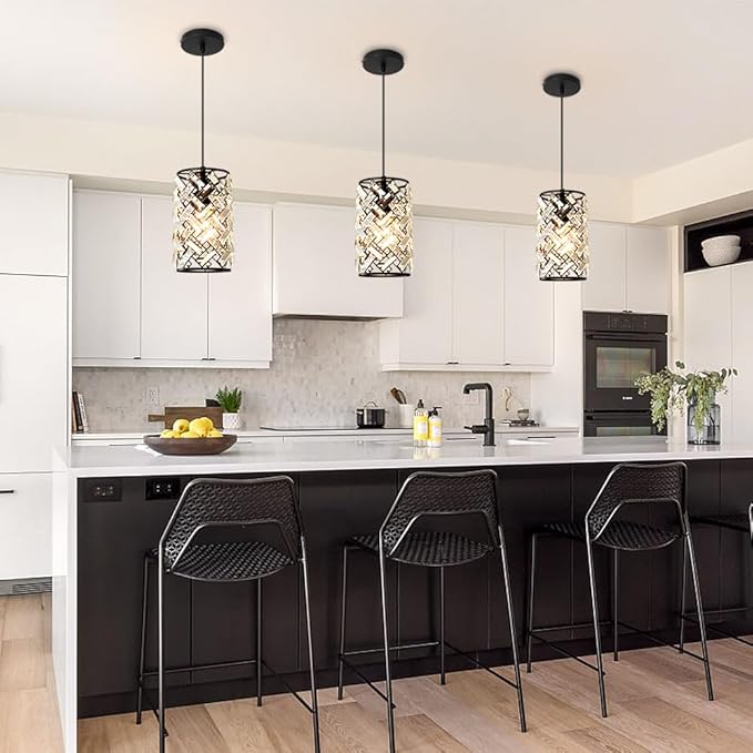 Black Pendant Lights Kitchen Island, Mini Crystal Modern Kitchen Pendant Lighting Over Sink with 10.2" Clear Glass Shade Chandeliers, Adjustable Pendant Light Fixture for Dinning Room Bedroom Entryway