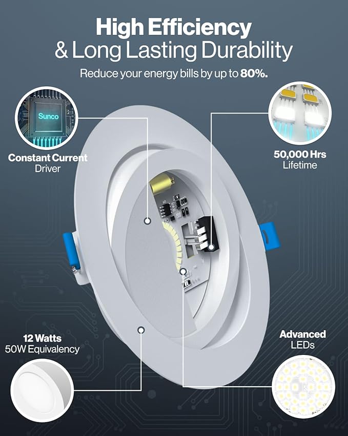 Sunco 4 Pack 6 Inch 5 CCT Gimbal LED Recessed Light Slim, 1350LM High Brightness, 2700K/3000K/4000K/5000K/6000K Selectable, 12W, Angled Directional Canless Downlight with JBox - ETL, FCC.