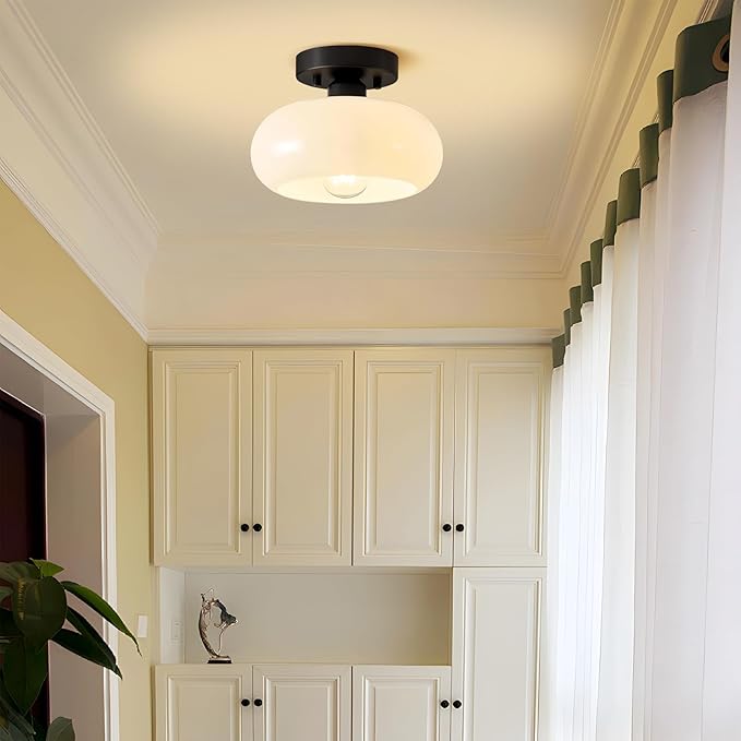 Semi Flush Mount Ceiling Light, Mid Century Modern Black Light Fixture with Milk Glass Shade 11.02''Vintage Ceiling Lamp for Entryway Hallway Foyer, Laundry Room, Schoolhouse