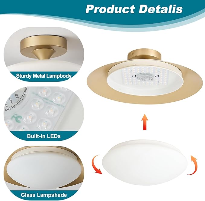Dimmable Modern Semi Flush Mount Ceiling Light Fixture,Small White and Gold LED Glass Shade Kitchen Ceiling Lights,5CCT In One Light Fxiture for Hallway Entryway Bedroom Laundry Room Foyer(15.75in)