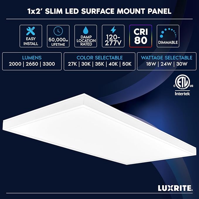 LUXRITE 1x2 FT Slim Surface Mount Panel Recessed Lighting, 5 Color Temperature Options 2700K-5000K, Dimmable LED Panel Light, 2000/2650/3300 Lumens, 18W-30W, Edge Lit, Damp Rated, ETL Listed