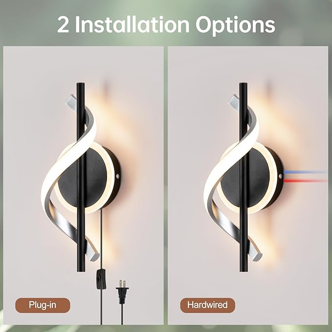 EIDISUNY Black Plug in Wall Sconces Sets of 2, 12W Modern Spiral LED Wall Lamp, 3000K Warm White Wall Light Fixture for Stairs Living Room Bedroom Aisle Hallway