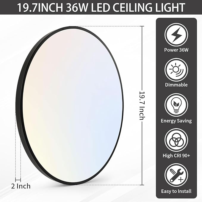 20 Inch Flush Mount Ceiling Light Fixture, Dimmable with Remote, 3000K-6500K Adjustable Color, 36W 3600Lm Ultra Thin Modern Round LED Ceiling Light, Black for Bedroom, Kitchen, Living Room