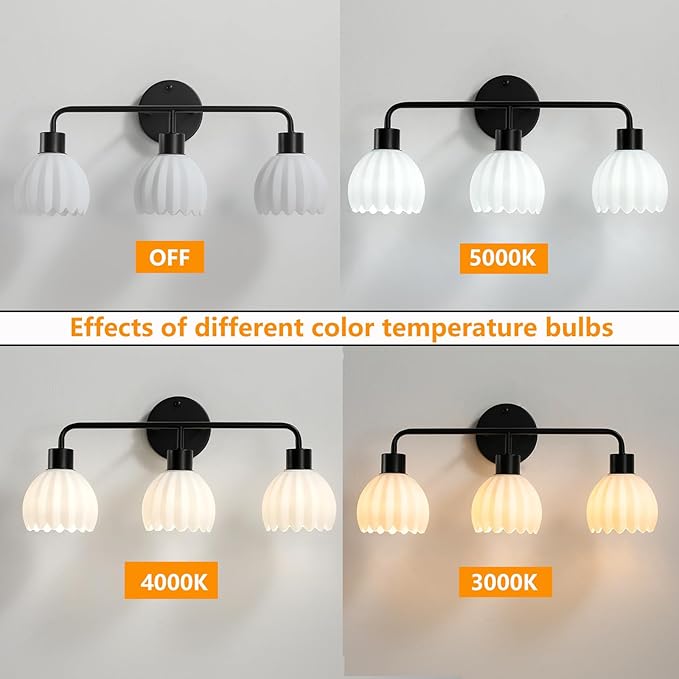 Black 3-Light Vanlity Light Over Mirror,Wall Sconces,Modern Bathroom Light Fixture with Milk White Glass Flower Shade,E26 Socket(Bulbs Not Included)