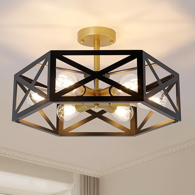 6-Light Semi Flush Mount Ceiling Light Fixture, 19.7" Gold Black Hallway Light Fixtures Ceiling Mount, Modern Close to Ceiling Lighting for Living Room Bedroom Dining Room Kitchen Entry Foyer