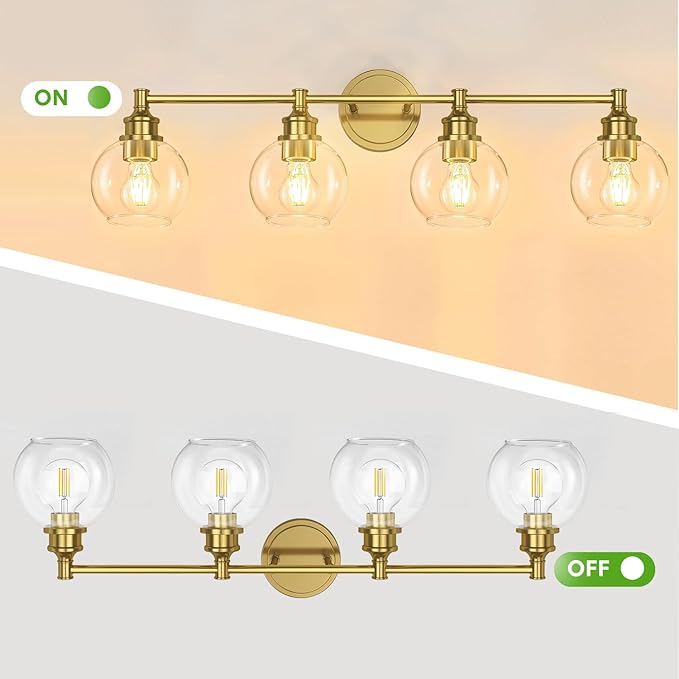 Bathroom Light Fixtures, 4-Light Brushed Gold Vanity Light Globe Glass Shades, Bathroom Lighting Fixtures Over Mirror, Wall Sconces for Master Bathroom, Guest Bathroom, Powder Room, 28-inch