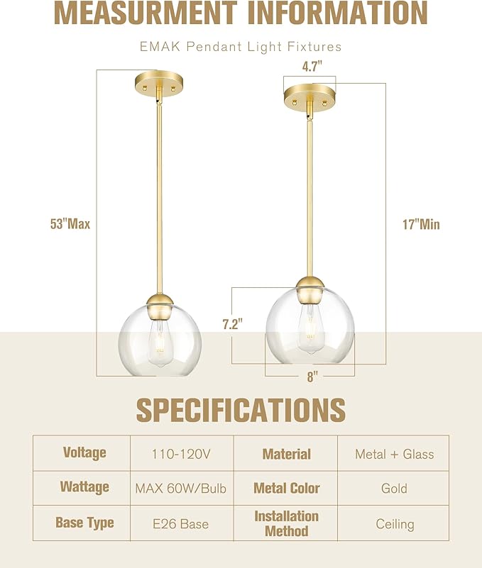 Emak 2 Pack Gold Pendant Light Fixtures, 8 Inch Globe Pendant Lights Kitchen Island with Clear Glass, Modern 1 Light Pendant Lighting for Kitchen, Bedroom, Bathroom, PL121-GD-2PK