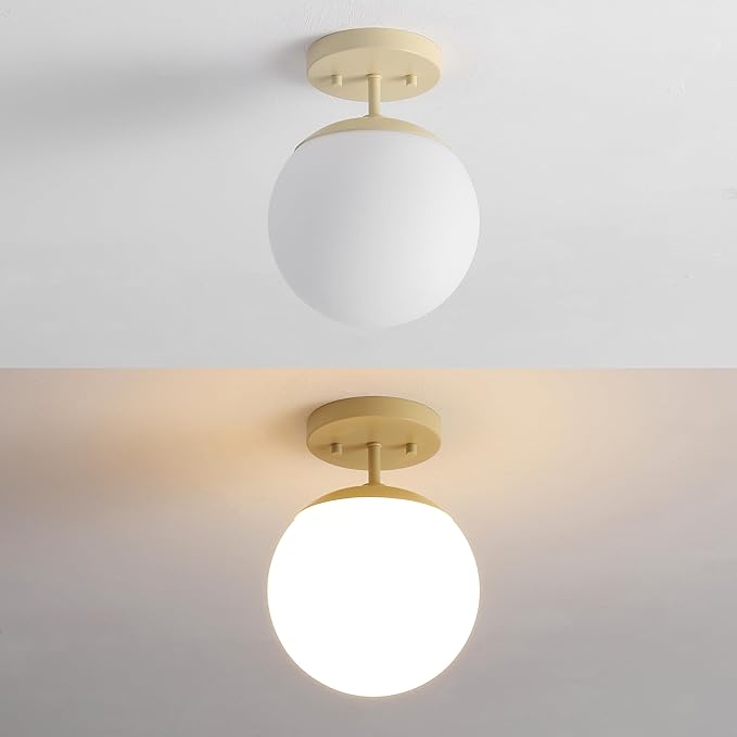 JONATHAN Y 7.75" Beige/White Modern Semi Flush Mount Ceiling Light, LED Fixture for Entryway, White Frosted Glass Globe Shade, Mid-Century Farmhouse Lighting for Bedroom Hallway (JYL7499B)