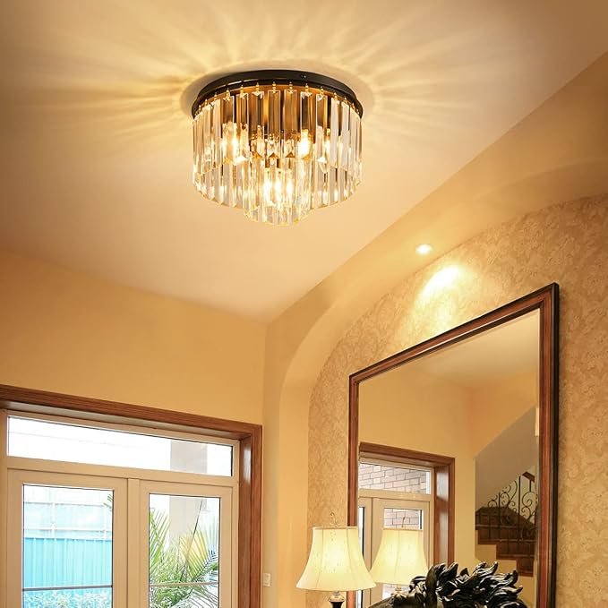 AGV LIGHTING Crystal Ceiling Light Fixture, Modern Semi Flush Ceiling Light, D12 x H8, E12 Base 3-Lights, Black Finish
