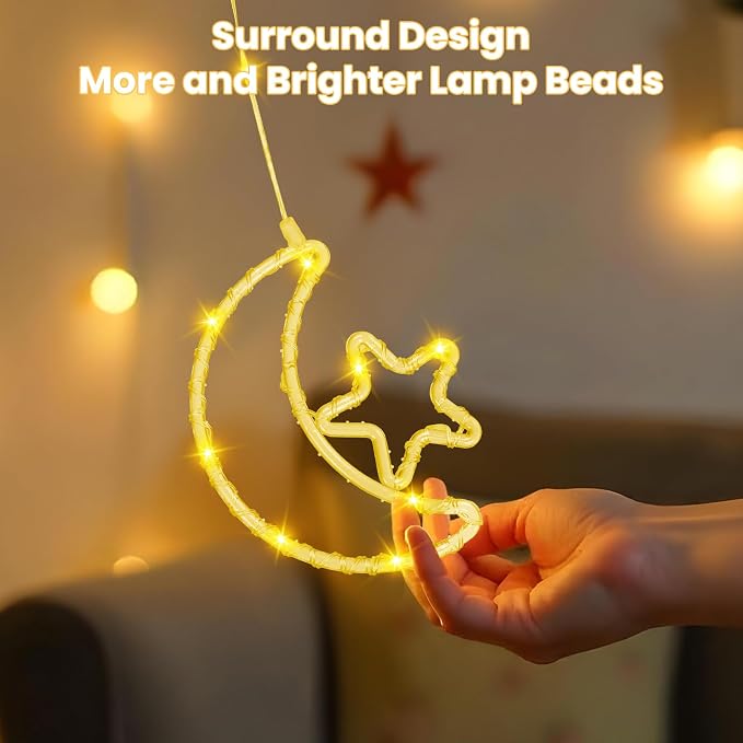 130 LED Star Moon Curtain Decorative Lights, Ramadan Window Curtain Fairy String Lights, Remote Control & USB Plug, 8 Lighting Modes, for Indoor, Home Holiday, Party, Ramadan Decorations