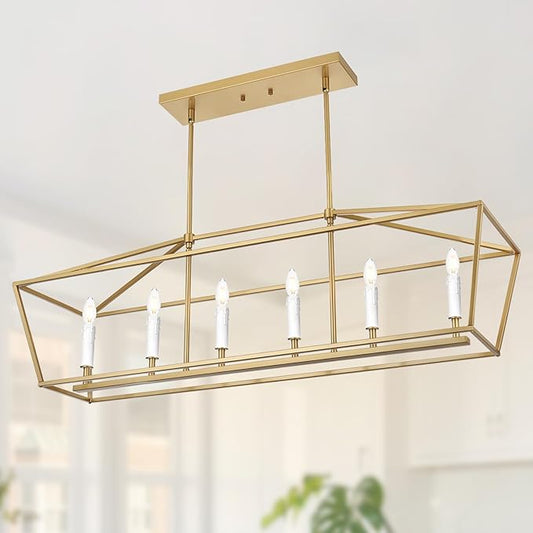 6-Light Gold Large Classic Chandelier Kitchen Island Lighting Over Table, Adjustable Height Pendant Light Fixture, E12 Bulb Base