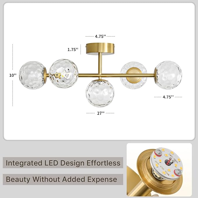 Modern Globe Glass Ceiling Light: 27 Inch Semi Flush Mount Light with Hammered Clear Glass Shade - 5 Lights Gold Ceiling Lighting Fixture - Dimmable Linear Chandelier for Bedroom Living Room Entryway