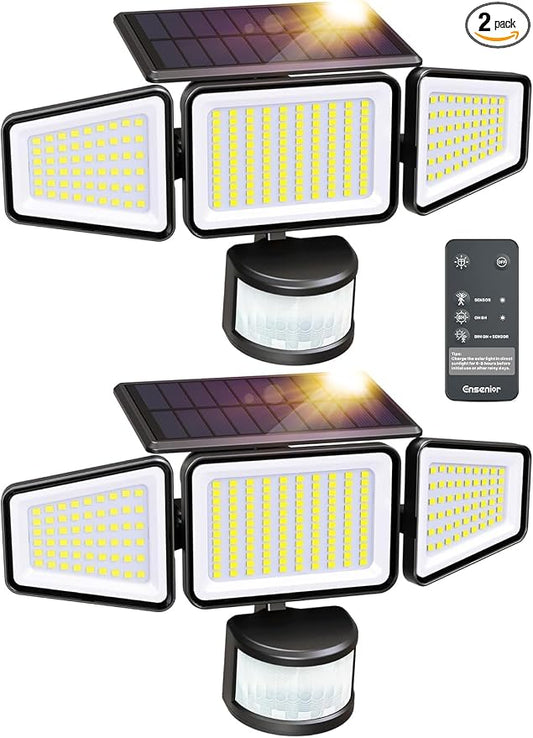 Ensenior Solar Motion Lights Outdoor, 228 LED 3000LM High Brightness Security Lights with Remote Control, IP65 Waterproof 3 Heads Flood Light 4 Modes, 270° Wide Angle Motion Sensor Light, 2 Packs