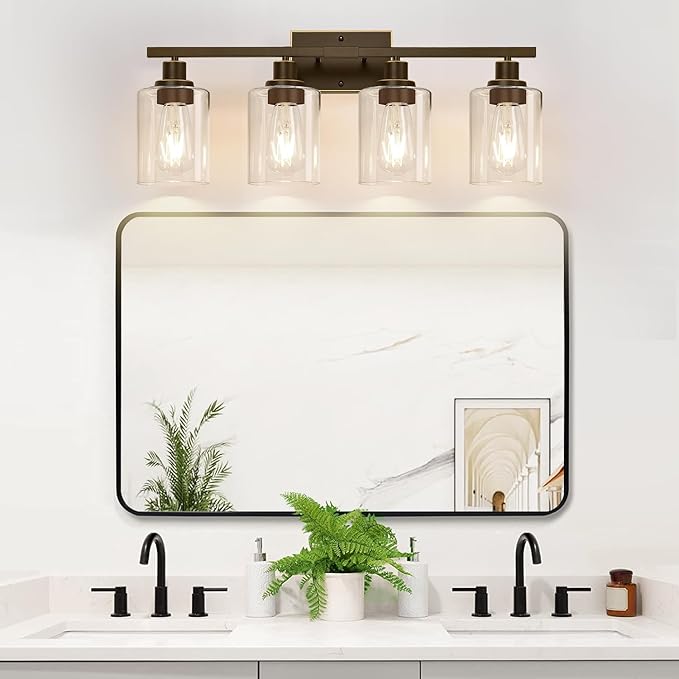 MOKATNG 4-Light Bathroom Light Fixtures, Vanity Light with Clear Glass Shades, Oil-Rubbed Bronze Bathroom Light Fixtures Over Mirror, Modern Bathroom Wall Lamp for Mirror Living Room Cabinet Bedroom