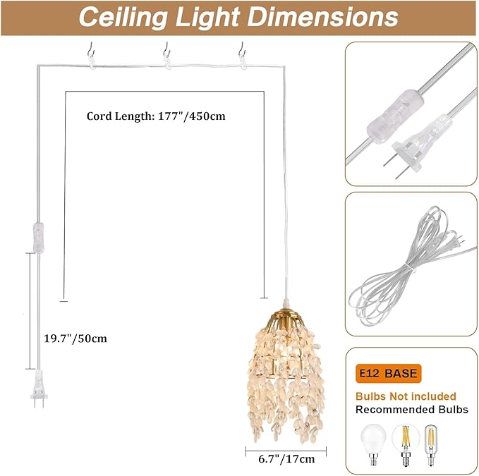 Surpars House Elegant Mini Chandelier Plug in Crystal Pendant Light,Golden (Plug in Style C)