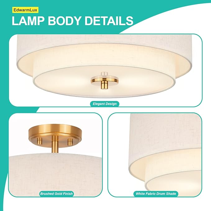 3-Light Semi Flush Mount Ceiling Light, 16" Drum Light with White Fabric Shade, Modern Close to Ceiling Lamp for Living Room Bedroom Dining Kitchen Hallway Entry (Brushed Gold)