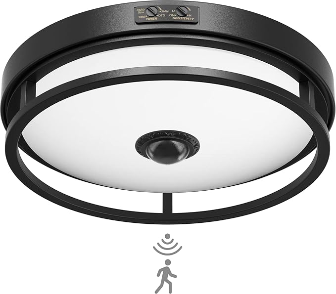 Motion Sensor Outdoor Ceiling Light, Flush Mount LED Ceiling Light Fixture, 12" Dusk to Dawn Porch Lights for Outdoor Ceiling, Black Ceiling Lamp for Entryway, Garage, Hallway