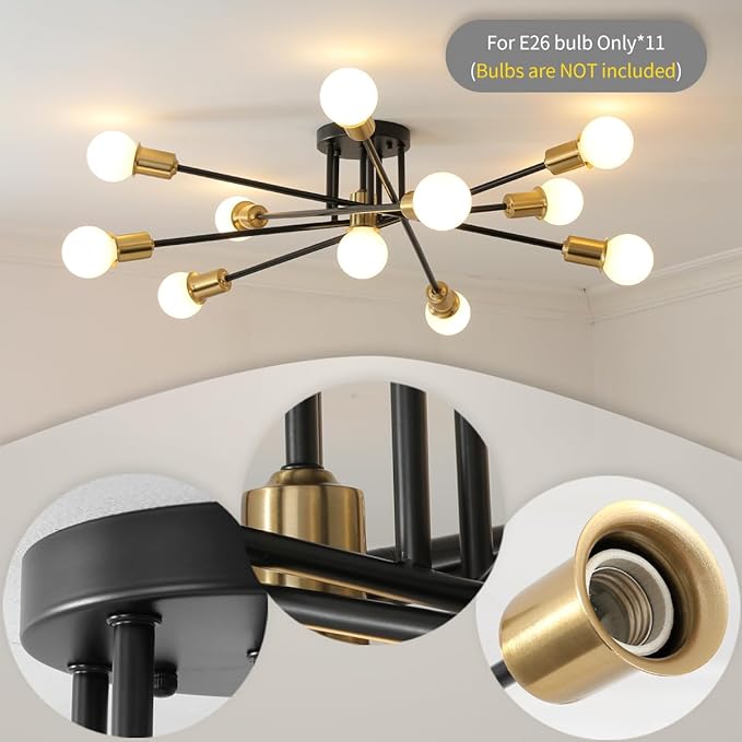 Modern Sputnik Gold and Black Semi Flush Mount Ceiling Light Fixture Minimalist,Mid Century Large 11 Light Metal Chandelier for Living Room Dining Room Bedroom Kitchen Office Entryway