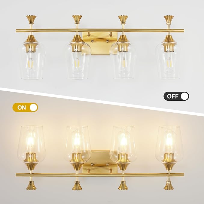 Bathroom Light Fixtures (4-Light, 29 Inch), Brushed Gold Vanity Lights for Bathroom with Clear Wine Glass Glass Shade, Modern Vanity Wall Lights for Mirror Bedroom Living Room Kitchen Hallway Porch