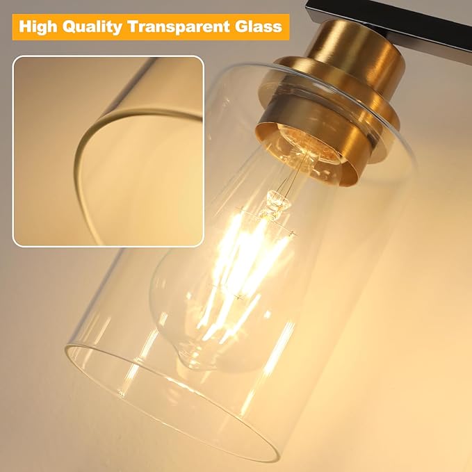 Unicozin 3 Light Bathroom Light Fixtures, Modern Vanity Lights Over Mirror, Black and Gold Wall Lamp with Clear Glass for Living Room Cabinet Bedroom Porch
