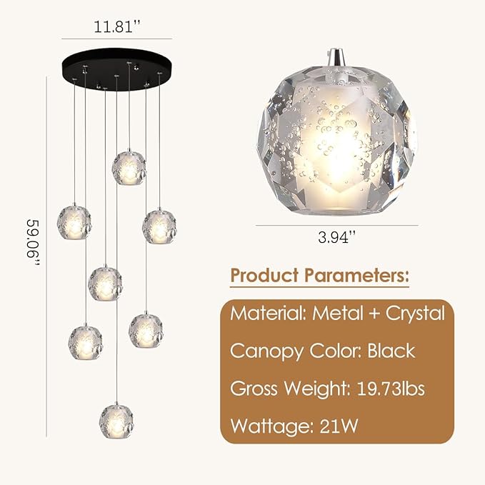 Black Crystal Chandelier, 7 Lights Bubble Cluster Pendant Light Fixture, 59" Long Hanging Light Raindrop Modern Chandelier for Entryway Foyer Staircase