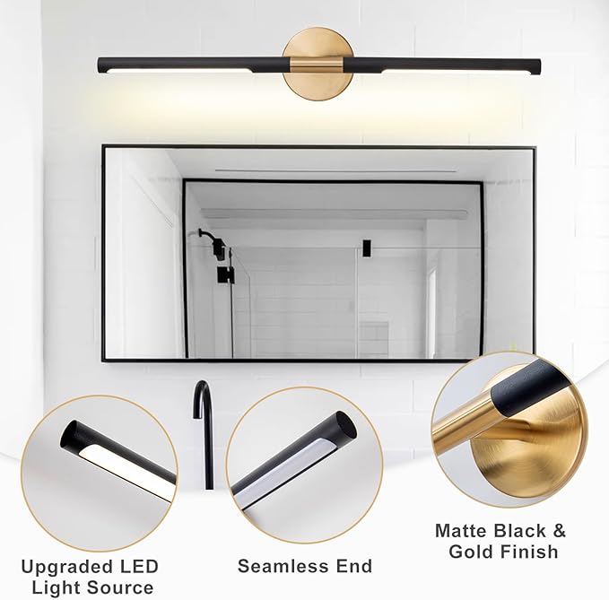 Modern Bathroom Light Fixtures Over Mirror 30 Inch, 20W 360° Rotatable Dimmable 4000K Led Vanity Light Bar, Black and Gold Bathroom Vanity Lights Above Mirror