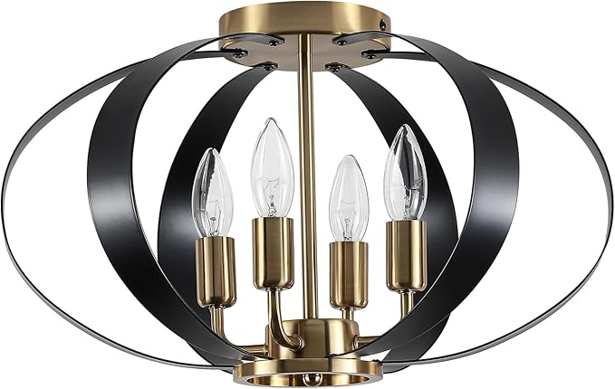 Black and Gold Semi Flush Mount Ceiling Light, 4-Light Farmhouse Modern Light Fixtures Ceiling Mount, Metal Cage Chandelier Lamp for Kitchen, Hallway, Entryway, Living Room, Bedroom