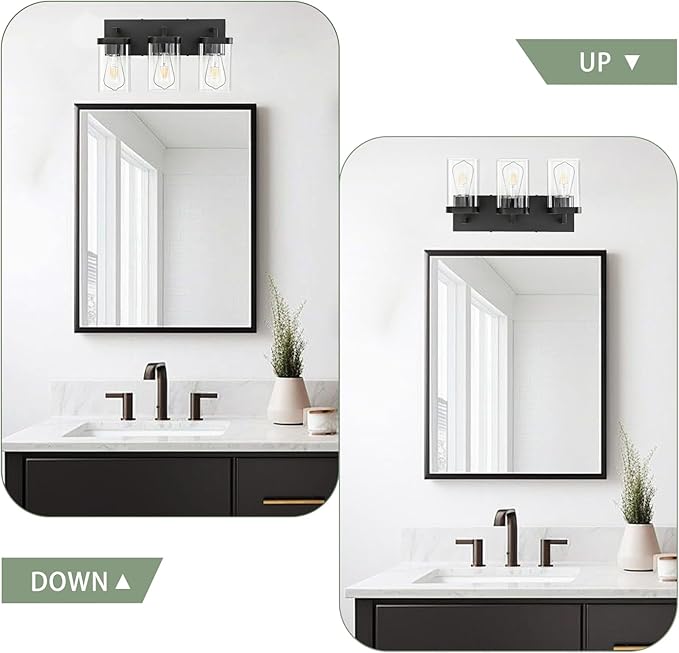 3-Light Bathroom Lighting Fixtures over Mirror, Matte Black Vanity Lights with Square Transparent Glass Shade, Modern Bathroom Vanity Light for Mirror Kitchen, Living Room, Gallery, Hallway