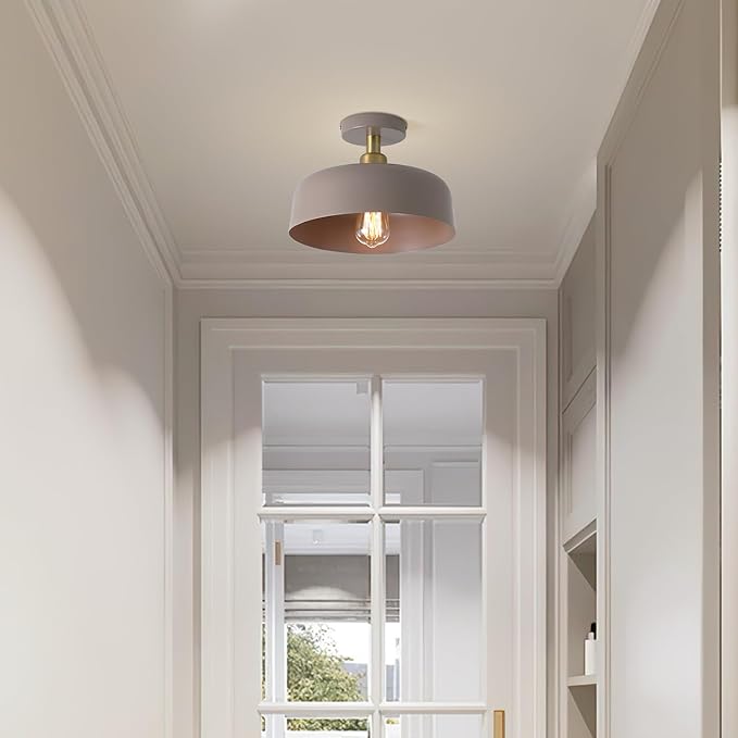 Modern Semi Flush Mount Ceiling Light Fixture,11.8" Brass Accent Ceiling Mounted Light with Brown Metal Shade,1 Light Indoor Hallway Light Fixture for Porch Entryway Foyer Kitchen Bedroom Living Room
