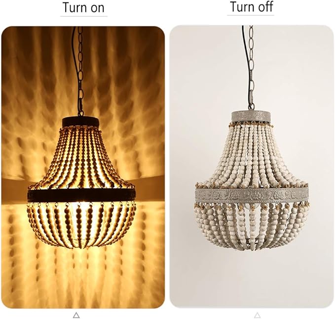 Newrays Wood Bead Chandelier Pendant Bohemian Boho Beachy Ceiling Lamp Light Fixtures (Gray White-Small, 13.58 in*15.74 in)