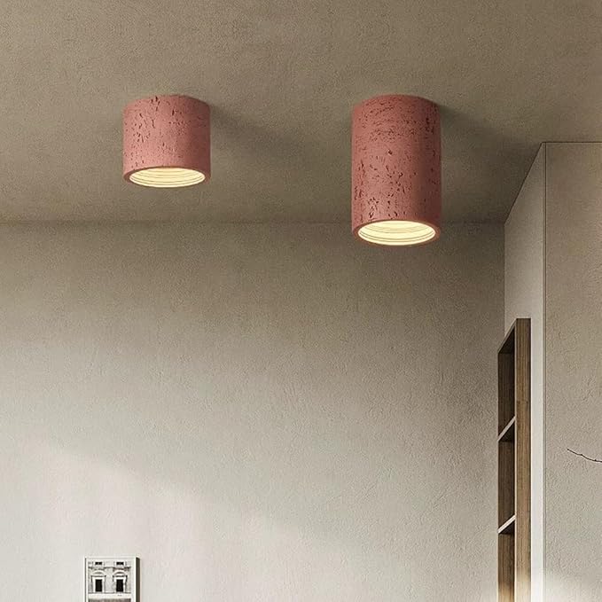 Modern Minimalist Concrete Ceiling Light Fixture Flush Mount LED Ceiling Lamp for Living Room, Bedroom, Hallway Wabi-Sabi Style Cement Cylinder Spotlight Warm White 3000K(Red Color,H-20cm)